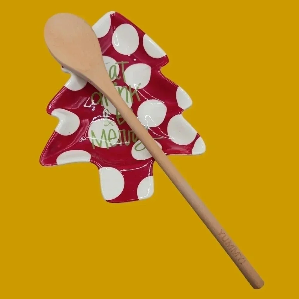 Stacy claire& christmas holy 2 spoon rest with wooden spoon red & wht